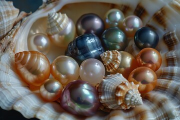 Colored pearls nestled in sea shells, showcasing their natural beauty and diversity