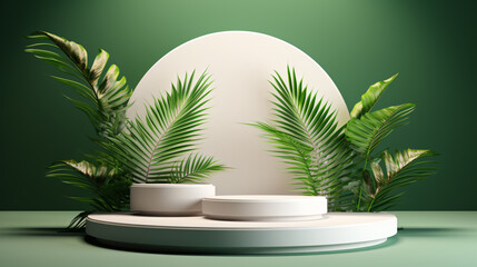 Fototapeta na wymiar Tropical Product Display Platform. Modern Display Podium with Elegant indoor tropical plant arrangement with earthy tones and shadows.