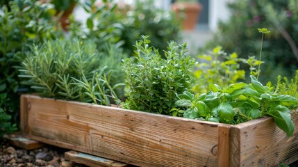 Wooden raided beds in an urban garden. People harvesting fresh vegetables, herbs spices in city urban community garden near their home. Sustainable living lifestyle. Generative ai