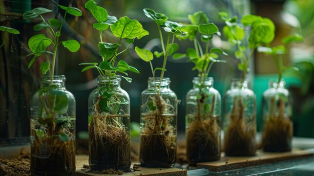 Hydroponic collards with roots in glass. Biotechnology, Science of Genetic Engineering. Genetically modified plants, laboratory, plants obtained by new genomics techniques, mutagenesis. Generative ai