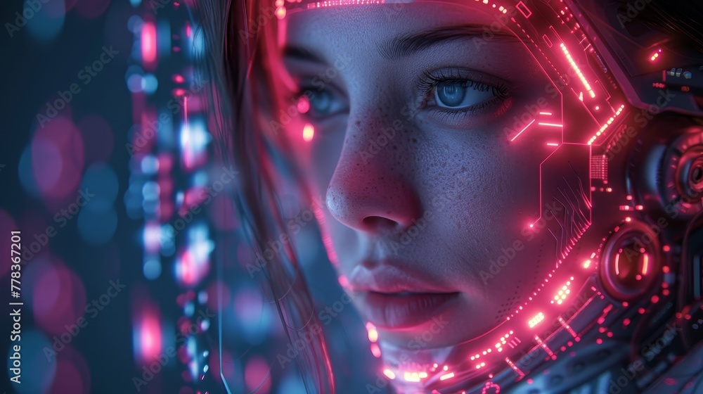 Aufkleber Automatization Create Software Develop. Robot or cyborg woman with AI teaching coding on laptop. Coding or programming app using artificial intelligence.