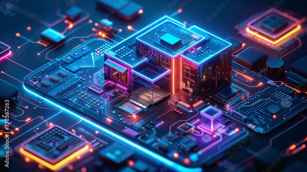 Fototapete The Internet of Things smart home system isometric image. Icons domestic devices on screen smart phone in neon light. Electronic devices inside phone. Mobile app to control smart home remotely.