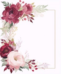 Frame of watercolor painted pink and burgundy roses, peonies and greenery.
