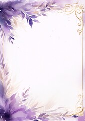 watercolor painting of purple and lilac flowers with golden leaves and frame on a white background in a modern style