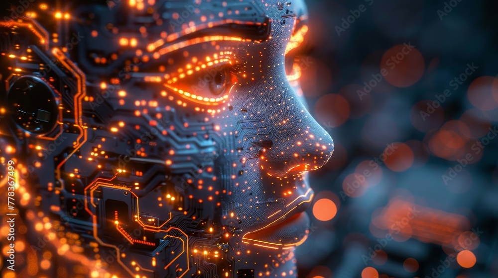 Aufkleber The development of AI chat bots. An artificial intelligence isometric robot head in a computer chip system. Technology. An internet online chat bot face. The generation of pre-trained AI. AI concept