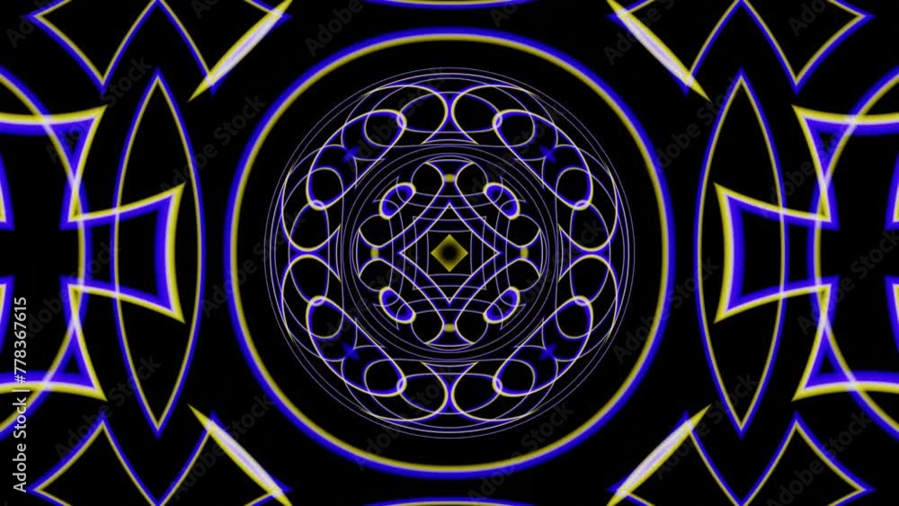 Poster a mesmerizing display of symmetrical kaleidoscopic patterns with vibrant blue and yellow accents, se