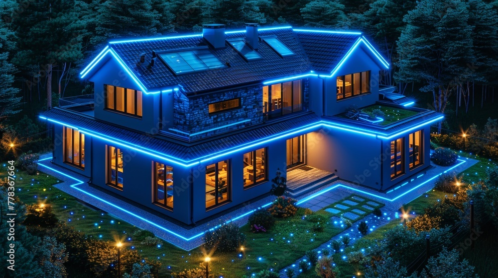 Poster A smart home with IOT system technology isometric concept. Smart devices that are connected to the internet via a smartphone. IOT system controlled by a smartphone.