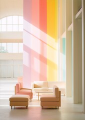 Pastel-colored minimalist interior space with large rainbow wall and pink furniture