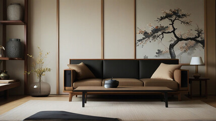ontemporary living room that captures the essence of Japanese minimalism - obrazy, fototapety, plakaty