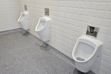 The bathroom interior is lined with white ceramic tiles. Oval ceramic urinal. Public place for...
