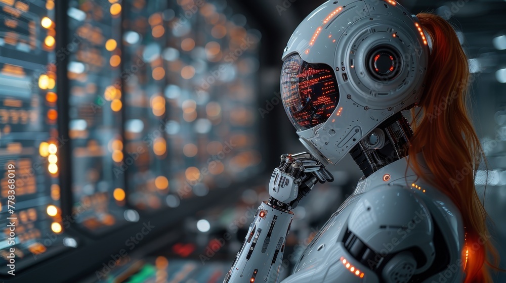 Poster An AI robot examines the charts of the stock exchange market. A woman robot trades the forex market with the help of an automated AI system. An AI robot develops trading strategies on the stock