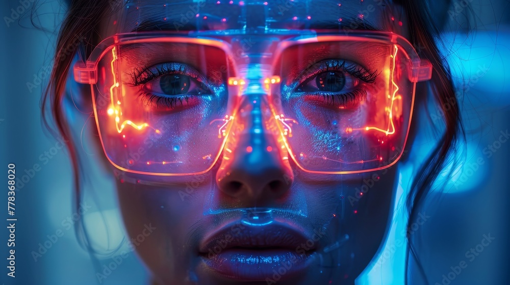 Aufkleber Artificial intelligence with scary face on screen phone. Head chat bot with lightning eyes. Camera view of an image with a cyborg looking at eyes. Malicious AI or ransomware virus taking over a