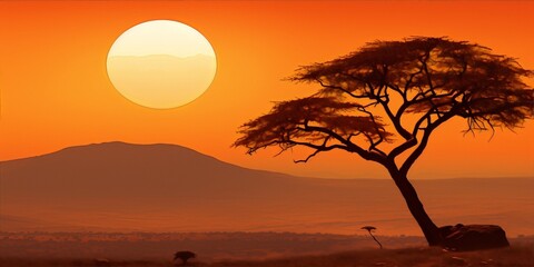 Large African sunset landscape with an acacia tree in savanna in warm colors, digital art