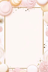 Pink and gold feminine frame with watercolor flowers and macarons