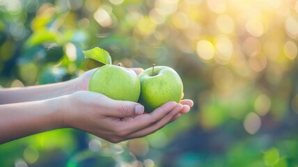 Two green apples in hand with sunlight.