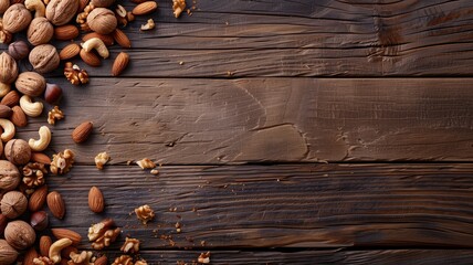 Assorted nuts scattered on a dark wooden background.