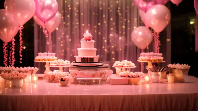 A festive table adorned with a delicious cake and an abundance of colorful balloons, A sweet 16 birthday party with sparkles and pink decorations, AI Generated
