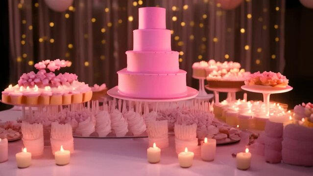 A table adorned with a cake and an abundance of cupcakes, creating a delightful arrangement for a celebration, A sweet 16 birthday party with sparkles and pink decorations, AI Generated