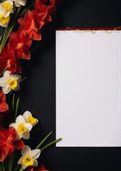 Blank paper sheet with red ribbon and spring flowers on black background, still life, art deco