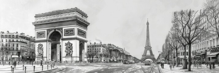 Stylized sketch of Parisian landmarks - Artfully detailed sketch of Paris landmarks including the Eiffel Tower and Arc de Triomphe in a monochrome style