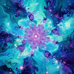 Blue and purple abstract painting with a hint of pink resembling a flower in full bloom.