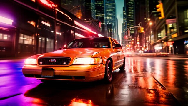A taxi cab drives through a bustling city street under the night sky, A taxi cab rushing through the neon-lit streets of New York, AI Generated