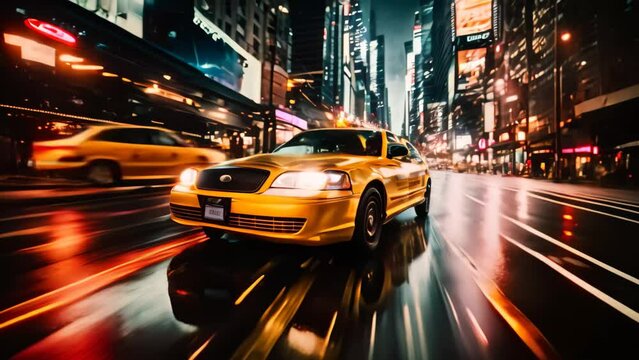 The image captures a taxi cab making its way through the hustle and bustle of a crowded city street, A taxi cab rushing through the neon-lit streets of New York, AI Generated