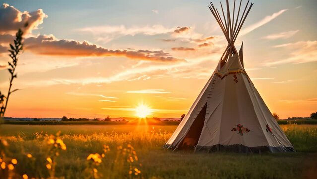 A teepee stands in a field while the sun sets behind it, creating a picturesque scene, A traditional tipi in a field with a sunset, AI Generated