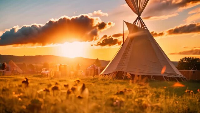 A teepee stands in a serene field as the sun sets in the background, A traditional tipi in a field with a sunset, AI Generated