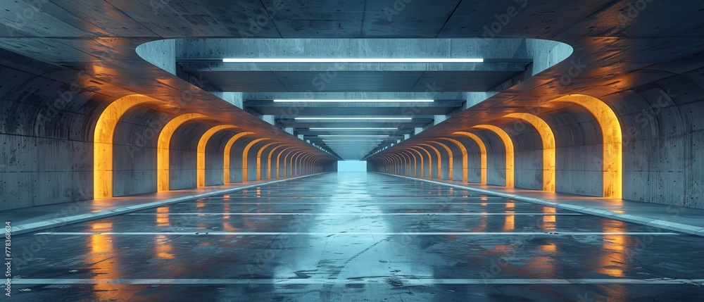 Fototapete The rendering shows a futuristic concrete structure with a car park and an empty cement floor.