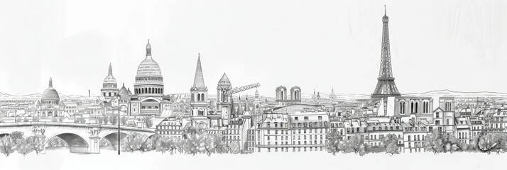 Panoramic Parisian cityscape with historic landmarks - The expansive pencil sketch portrays the panoramic Parisian cityscape including landmarks like the Eiffel Tower and Notre Dame Cathedral - obrazy, fototapety, plakaty