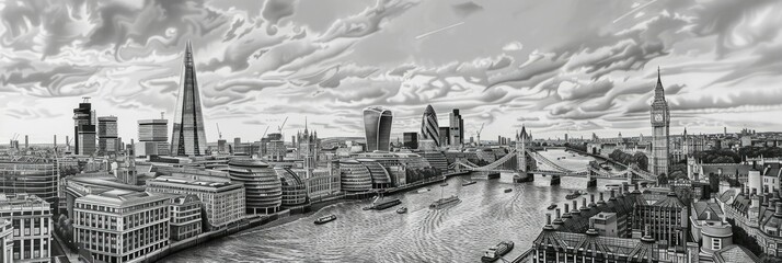 Panoramic black and white London cityscape - Wide panoramic shot of London's skyline with landmarks such as The Shard, in high contrast black and white