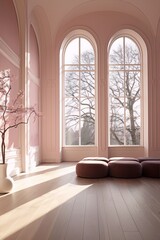 Minimalistic pink room with large windows and pink tree