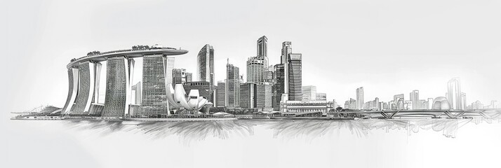 Singapore skyline with iconic Marina Bay Sands - A finely detailed pencil sketch of Singapore's skyline, highlighting the unique Marina Bay Sands and surrounding skyscrapers