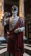 Fototapeta na wymiar Classical statue with VR headset - A classical draped statue holds a card with a digitally blurred face sparking questions about identity and privacy