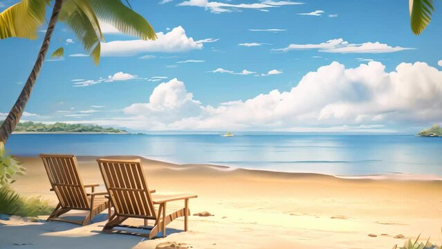 A beautiful painting featuring two chairs resting on a sandy beach, creating a serene and peaceful ambiance, A tranquil beach scene during a sunny day, AI Generated