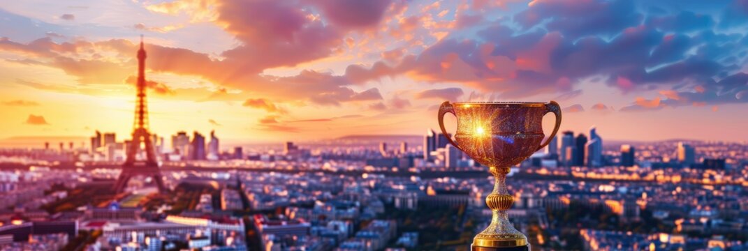 Sunrise city view with championship trophy - A photo of a beautiful sunrise over the Paris city with a clear focus on a championship trophy in the foreground