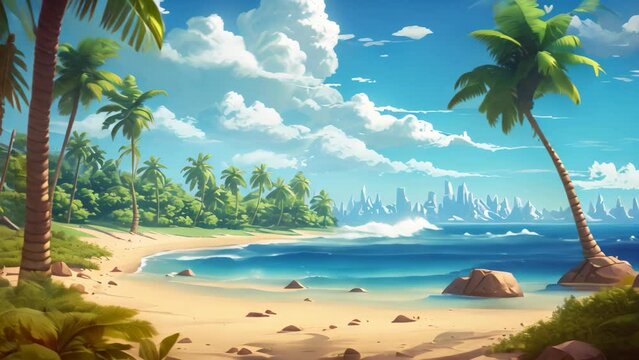 Vibrant painting capturing the serene beauty of a tropical beach, adorned with majestic palm trees, A tranquil beach scene during a sunny day, AI Generated