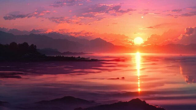 Vibrant and serene painting capturing a breathtaking sunset over a peaceful body of water, A tranquil depiction of soft, blending hues reminiscent of a sunset, AI Generated