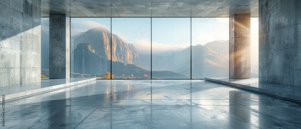 Poster render of modern architecture with a concrete floor and car presentation background in 3d.