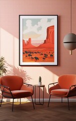 Two orange armchairs in a room with pink walls and a framed painting of a desert landscape in the background.