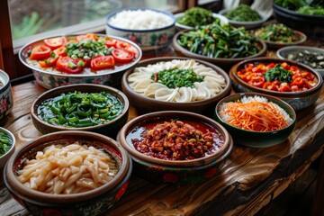 Traditional Tibetan food served in a picturesque setting on the Tibetan plateau.