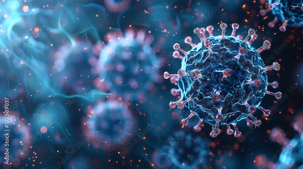 Aufkleber COVID-19 3D Virus model in abstract futuristic polygonal style isolated on blue background. Microorganism, a type of pathogenic microflora.