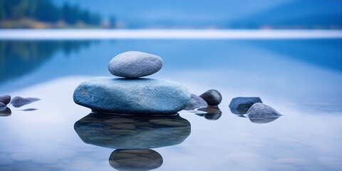 A stack of smooth water-worn stones in the shallow edge of a lake with a blurred background of evergreen trees and mountains in the distance - obrazy, fototapety, plakaty
