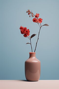 Minimalistic still life photography of a single flower in a vase on a solid blue background