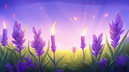 Purple flowers and candles in a field at sunset, digital art, concept art, fantasy, surrealism
