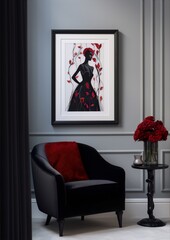 A black woman wearing a red rose dress stands in a gray room with a red armchair and a vase of red roses.
