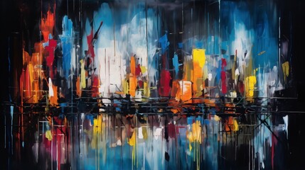 Obraz premium vibrant cityscape with bright lights reflecting off the water in an abstract expressionist style