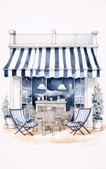 Terrace with blue and white striped awning, wooden table and chairs, plants in pots and a view of the sea in watercolor.