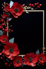 3D rendering of red and pink flowers with black background in a golden frame, floral, art deco, interior design